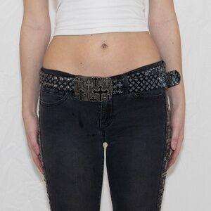 Y2k black studded belt with cross belt buckle and studs leather size 38